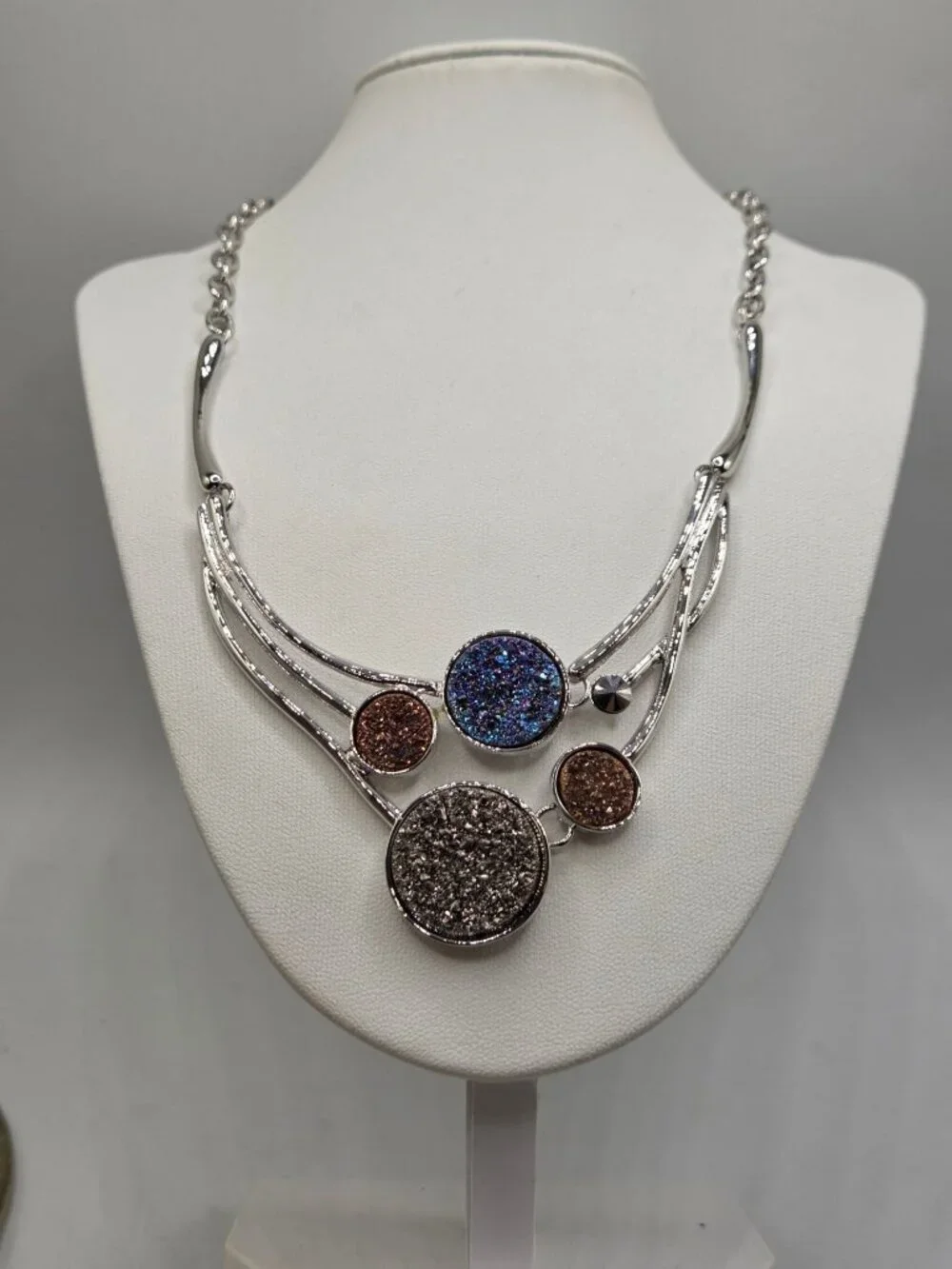 Multi-Stone Druzy Style Silver Tone Statement Necklace With Adjustable Chain